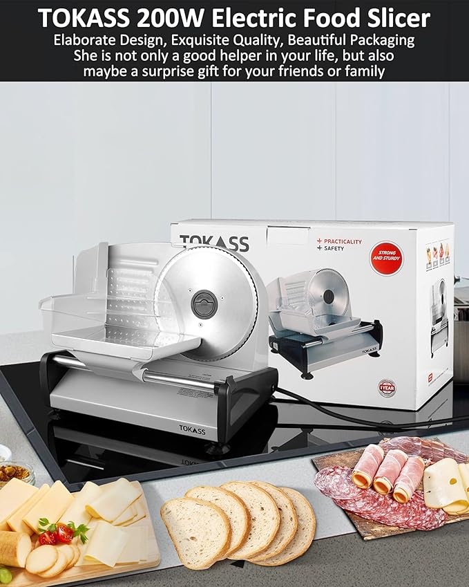 Meat Slicer, 200W Electric Deli Food Slicer with 2 Removable 7.5'' Stainless Steel Blades and Tray, Adjustable Thickness for home use,Child Lock Protection,Easy to Clean,Cuts Meat, Bread and Cheese