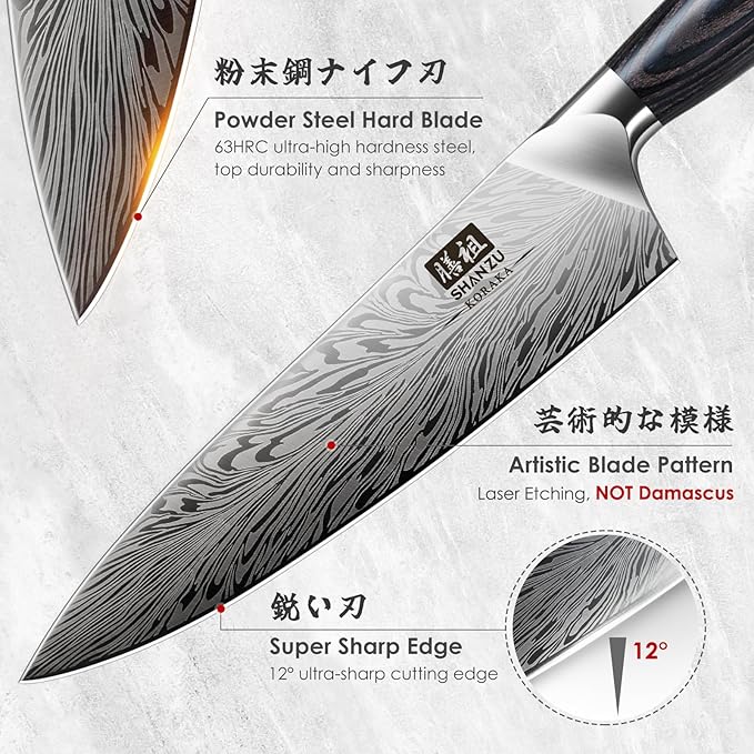 SHAN ZU Chef Knife in Powder Steel, Japanese Kitchen Knife 8 Inch, Ultra Sharp Chef's Knives, High Carbon Japanese Knives with Ergonomic Pakkawood Handle Professional Utility Knives for Meat Vegetable