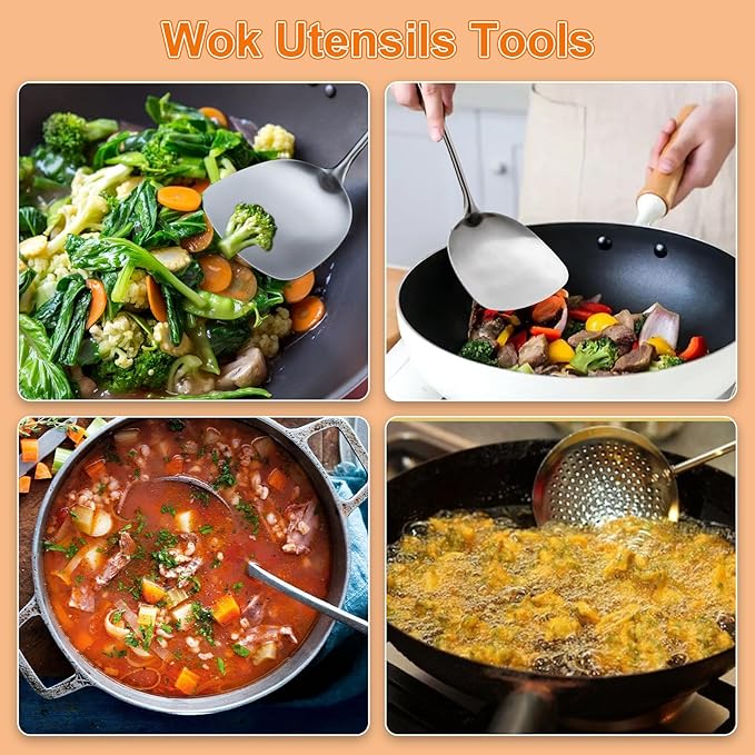 FJNATINH Wok Spatula and Ladle,Skimmer Ladle Tool Set, 17inches Spatula for Wok, 304 Stainless Steel Cooking Utensils