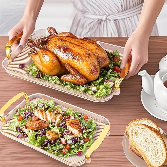Serving Tray with Handles Set of 3 Rectangular Large Serving Platters 16.5/14.9/13.2 Inch White Plates for Dinner, Party, Entertaining, Amber