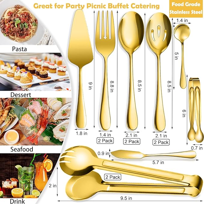 12 PCS Stainless Steel Serving Utensils, Large Spoons Slotted Spoons Forks Tongs, Ice Suger Tongs, Pie Server, Butter Knife, Coffee Spoons, Great for Buffet Catering Banquet Party, Gold