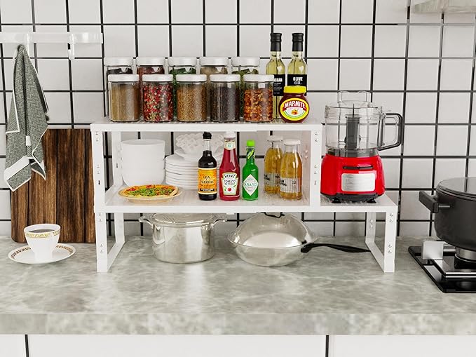 Adjustable Expanable Stackable Spice Rack Shelf Pantry Storage Organizer for Kitchen Cabinet,Countertop,Bathroom and More.Space is no Longer Limited(2Packs/White/Medium)