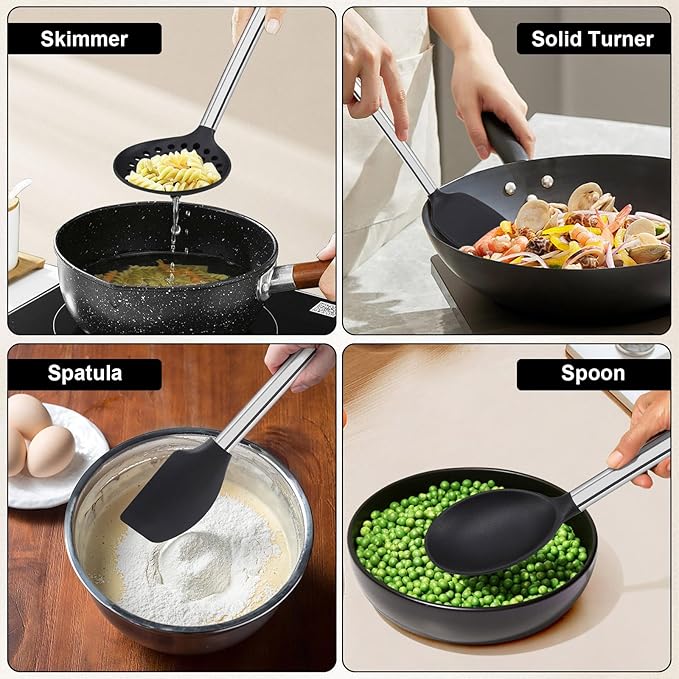 Silicone Cooking Utensils Set, Vayvnt 8 PCS Kitchen Utensils Set with Stainless Steel Handle, Heat Resistant Kitchen Tools for Nonstick Cookware, Large Spatula Spoons Turner, Dishwasher Safe, Black