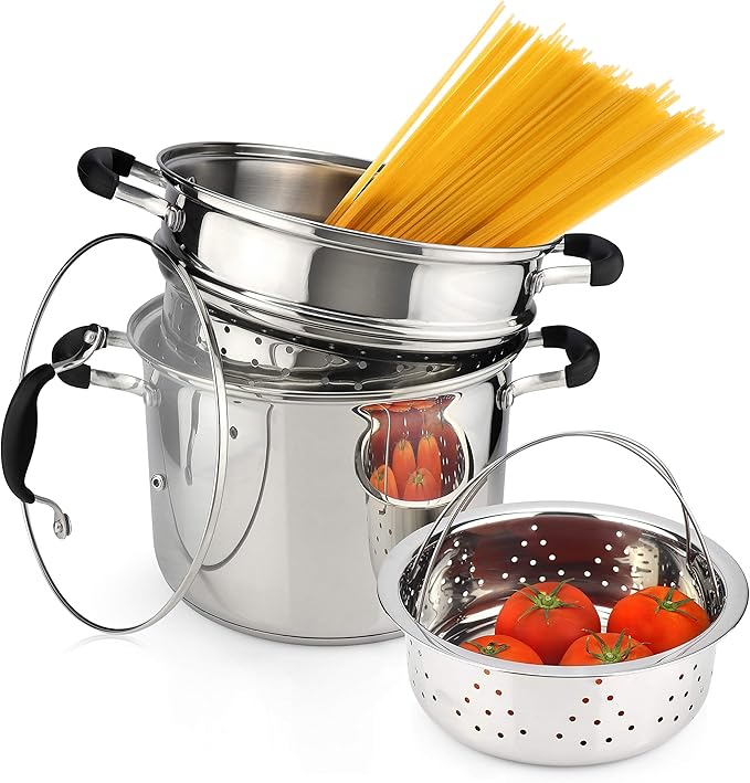 AVACRAFT 18/10 Stainless Steel, 4 Piece Pasta Pot with Strainer Insert, Stock Pot with Steamer Basket and Pasta Pot Insert, Pasta Cooker Set with Glass Lid, 7 Quart