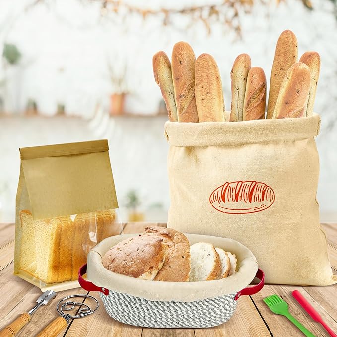 HASHMUST Banneton Bread Proofing Basket Kit, Sourdough Starter Jar Set, 9'' Round 10" Oval Fermentation Bowls Homemade Baking Supplies, Tools with Dough Whisk Cutter Lame Scraper Brush Scraper Bags