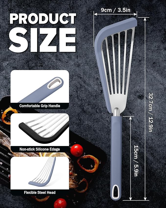 Silicone Fish Spatula Turner Set of 2, Thin Slotted Spatulas Turner for Nonstick Cookware,Heat Resistant Flexible Stainless Steel Kitchen Cooking Spatula Flipper for Fish, Egg, Pancake (BG)