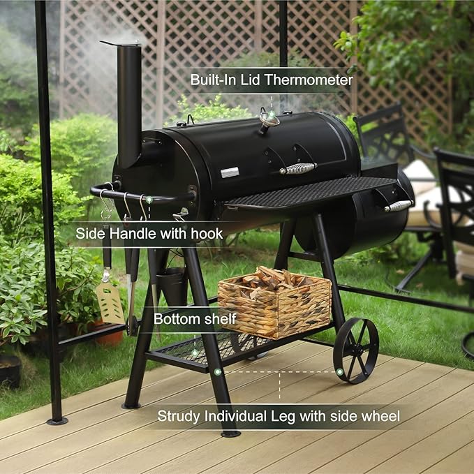 MFSTUDIO Heavy Duty Charcoal Wood Offset Outdoor Smoker Grill, Extra Large Charcoal Grill with Smoker Combo for BBQ Grilling, 941 SQ.IN.