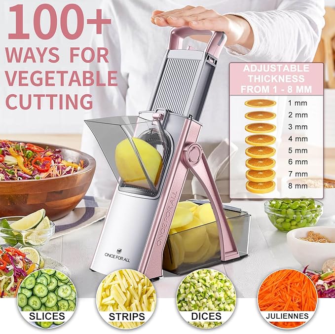 ONCE FOR ALL Upgrade Safe Mandoline Slicer Plus, Adjustable Vegetable Food Chopper Potato Fries French Fry Cutter, Detachable Blade, Kitchen Chopping Artifact, New Kitchen Gift (Pink)
