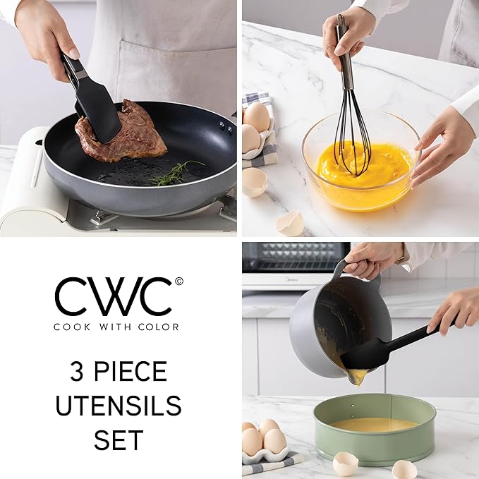 COOK WITH COLOR Stainless Steel Silicone Tipped Kitchen & BBQ Tongs Set, 3 Pc Utensils, Black