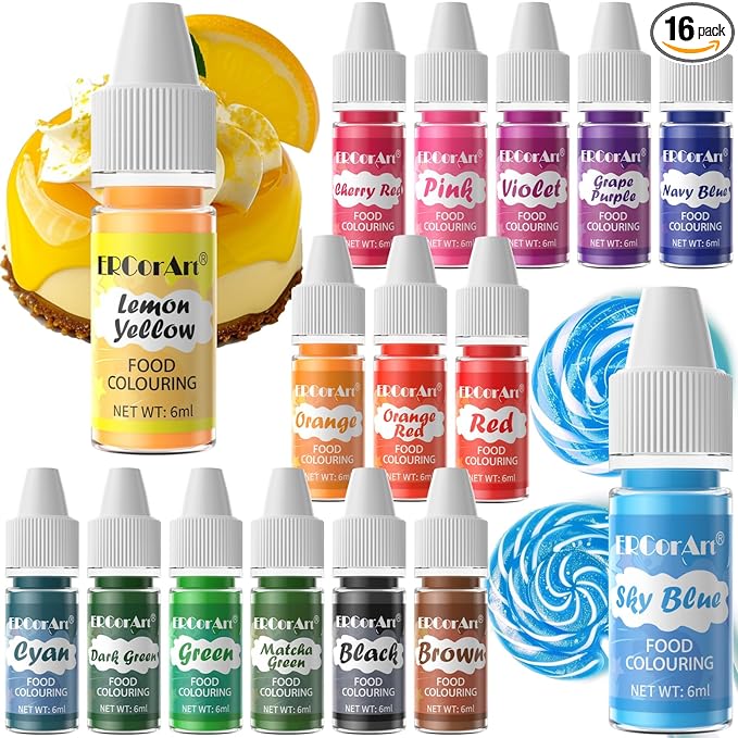 Food Coloring Liquid - ERCorArt 16 Colors Food Coloring, Food Grade Food Dye, Tasteless Food Color Set for Cake Decorating, Easter Egg, Cooking, Fondant - 0.25 Fl Oz