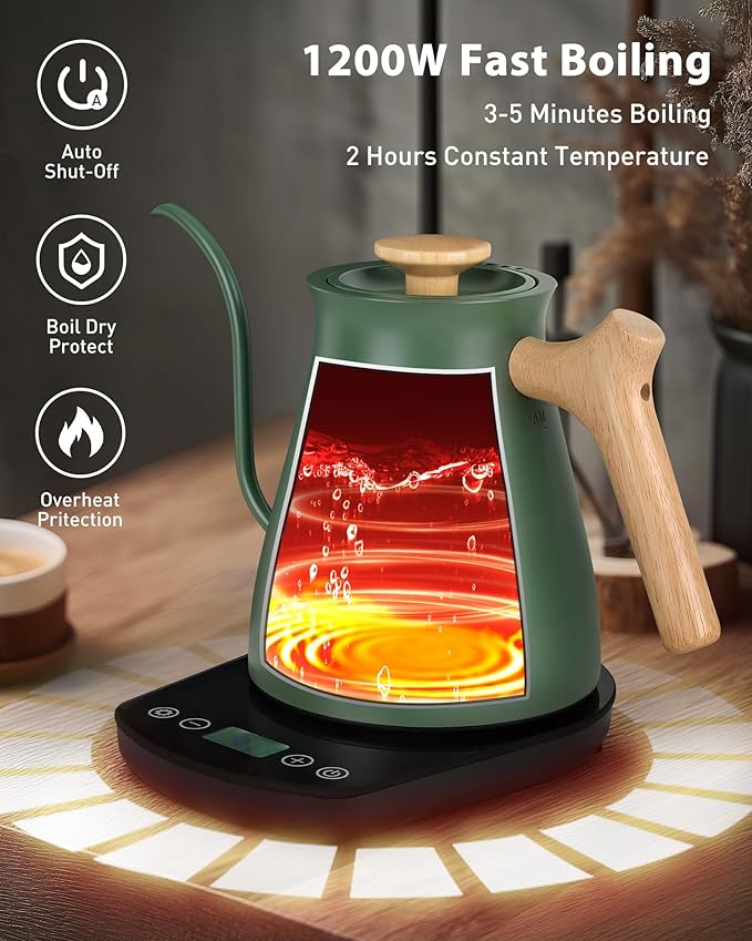 Harriet Gooseneck Electric Kettle - 1200W Fast Heat, 0.8L Stainless Steel, Precision Temp Control & Timer, Wood Handle, Pour Over Coffee and Tea, Green