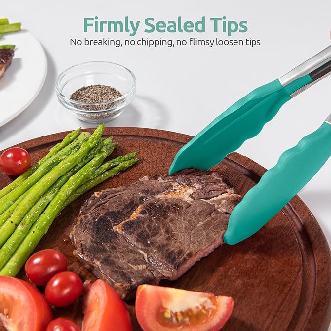 480ºF Heat Resistant Kitchen Tong: U-Taste 7in Silicone Cooking Tong with Firm Sealed Non Stick Rubber Tips & Silicon Coated 18/8 Stainless Steel Handle & Smooth Locking for Serving Salad (Aqua Sky)