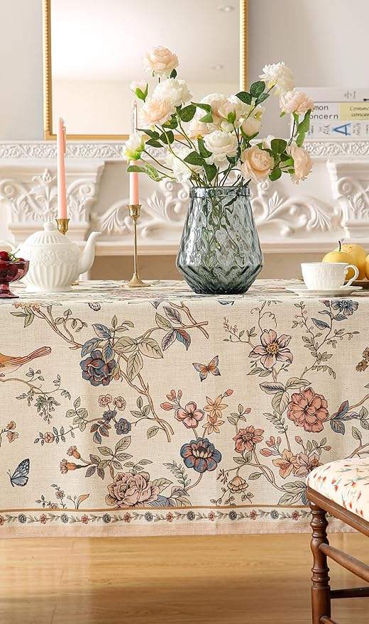 ISAENNE Designer French Light Beige Long Tablecloth Rectangle,Linen Florals and Birds Pattern Table Cloth,Anti-Wrinkle Decorative Tablecloths for Dining Thanksgiving Kitchen,63"*94"-Cornucopia