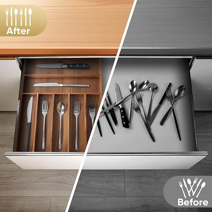 Silverware Organizer, 12.5 Inch Utensil Organizer Kitchen Drawer Organizer Acacia Silverware Holder Cutlery Tray Organizer in Drawer Flatware Organizer Tray(7 slots, Acacia）