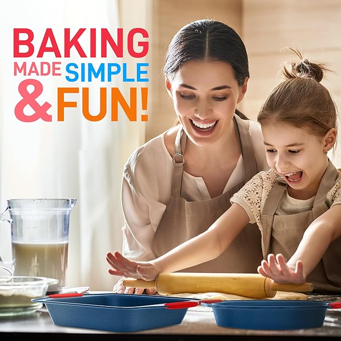 NutriChef 10-Piece Nonstick Bakeware Set - Premium Carbon Steel Baking Pans w/Silicone Handles - Includes Pizza Tray with Holes, 12 & 24 Cup Muffin Pans, Cookie Sheets, Round, Square & Loaf Pan - Blue