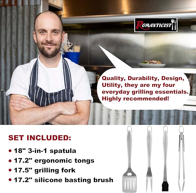 ROMANTICIST 4pc Heavy Duty Grill Accessories for Top Chef - Professional Grill Tools Set & Basic BBQ Tools for Backyard Restaurant Outdoor Kitchen - Deluxe Grill Gift for Dad on Father’s Day Birthday
