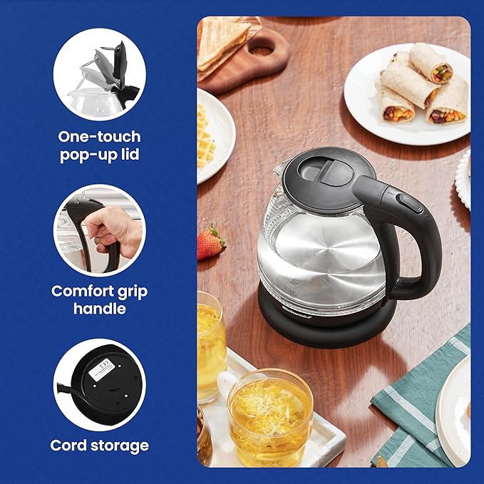 Elite Gourmet EKT1001 Electric 1.0L BPA-Free 1100W Glass Kettle Cordless 360° Base, Stylish Blue LED Interior, Handy Auto Shut-Off Function – Quickly Boil Water For Tea & More, Black