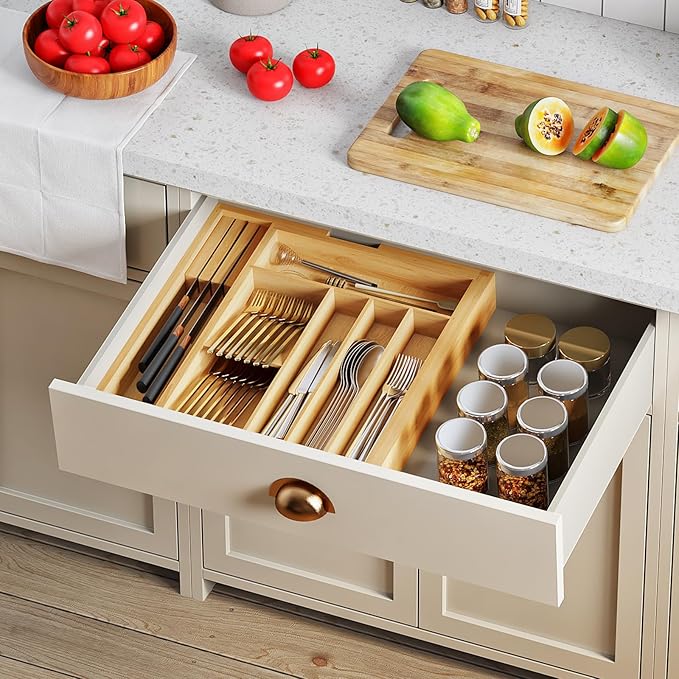 HOOBRO Silverware Organizer Kitchen Drawer Organizer, Expandable Utensil Drawer Organizer, with 2 Knife Block, Bamboo Cutlery Tray with Divider for Flatware and Kitchen Utensils, Natural YL06TL01