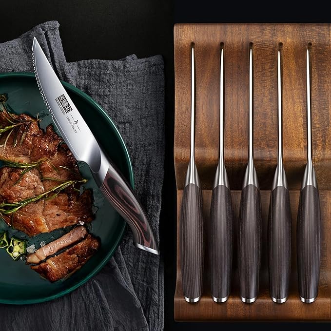 HOSHANHO Steak Knives Set of 7, 4.5 Inch Serrated Steak Knife Set with Block, Japanese High Carbon Steel Kitchen Steak Knives with Ergonomic Handle