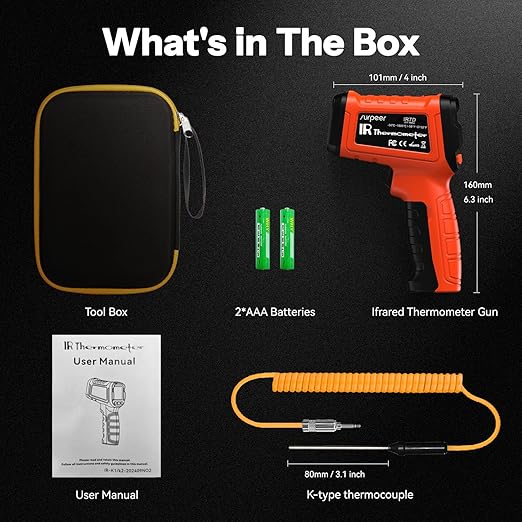 '-58°F to 2732°F Infrared Thermometer IR Laser Gun 50:1, Digital Temperature Gun/K-Type Probe -4°F~932°F, Humidity Sensor, High-Temp Pyrometer for Kiln, Forge, Furnace, Industrial Use