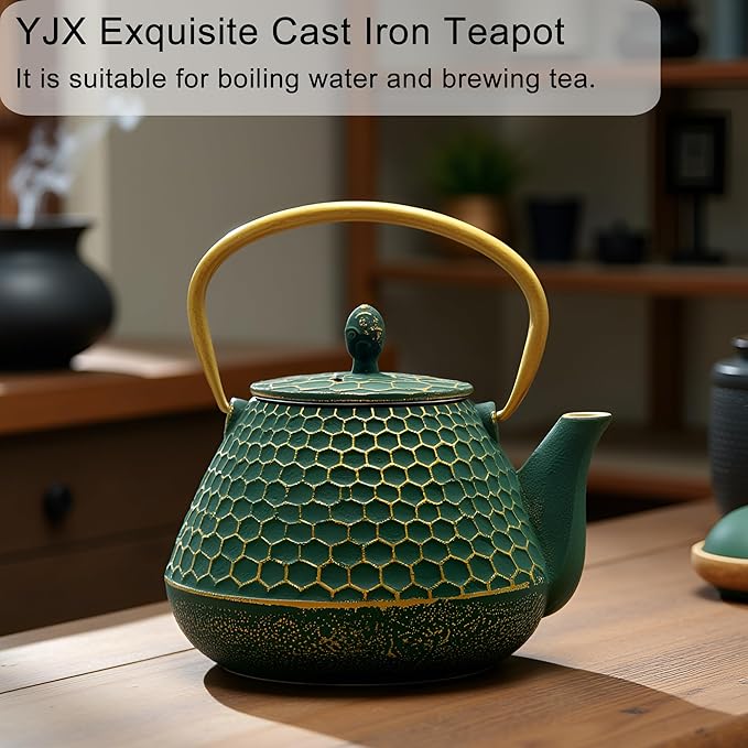 YJX Cast Iron Teapot and Tea Cups Set, 33.8oz Hexagon Pattern Tea Set with Cups and Cup Mats, Enameled Tea Kettle for Stovetop, Durable Tea Pot Set with Stainless Steel Infuser for Loose Leaf