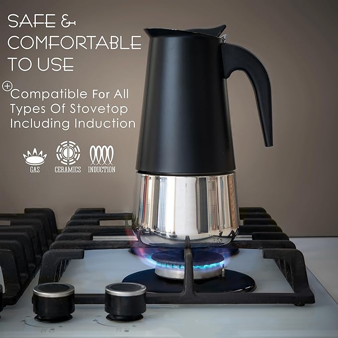 Mixpresso Black 9 Cup Greca Stovetop Espresso Pot 450ml/15oz, Moka Pot with Coffee Percolator Design, Stainless Steel Stove Top Coffee Maker for Camping or Home Use,Italian Stovetop Espresso Maker