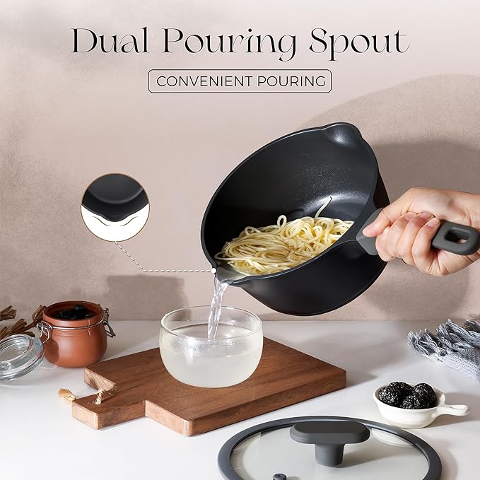 PRICUSIS Nonstick Saucepan with Lid, 2 Quart Non Toxic Pot with Pour Spouts, Full Coated, 100% Dishwasher Safe, Induction Compatible & Oven Safe, PTFE & PFOA Free, Black Sesame