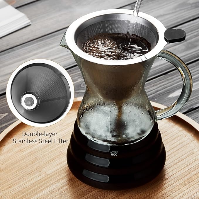 Unbreakable - Pour Over Coffee Maker with Permanent Stainless Filter 27 fl oz, Thickened Heat-Resistant Borosilicate Glass Dripper Coffee Brewer, Stovetop Safe, Ink