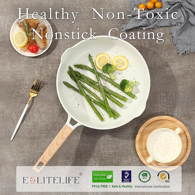 ESLITE LIFE Nonstick Ceramic Frying Pan Skillet, Non-Toxic Egg Omelette Kitchen Cooking Pans Compatible with All Stovetops (Gas, Electric & Induction), PTFE & PFOA Free (White, 11")