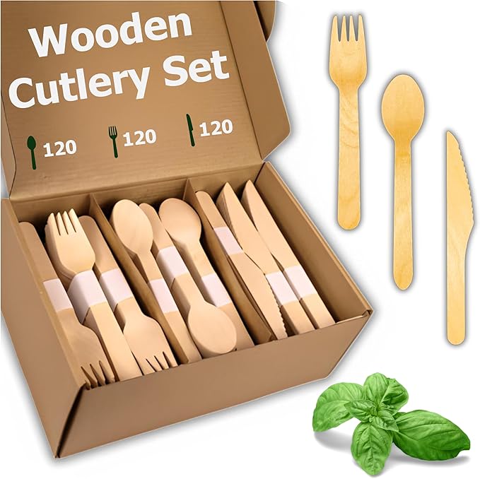 Disposable Wooden Cutlery Set 360 PCS - 100% Compostable Wooden Silverware [120 Forks, 120 Spoons, 120 Knives] - Wooden Disposable Utensils - Compostable Forks and Spoons - Silverware