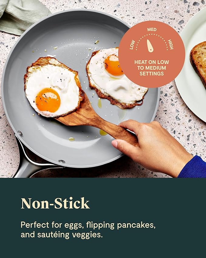 Caraway Ceramic Nonstick Fry Pan Set with Glass Lids – Includes Two 10.5” Fry Pans, One 8” Fry Pan, & Three Lids - Non Toxic, PTFE & PFOA Free - Oven Safe & Compatible with All Stovetops - Cream