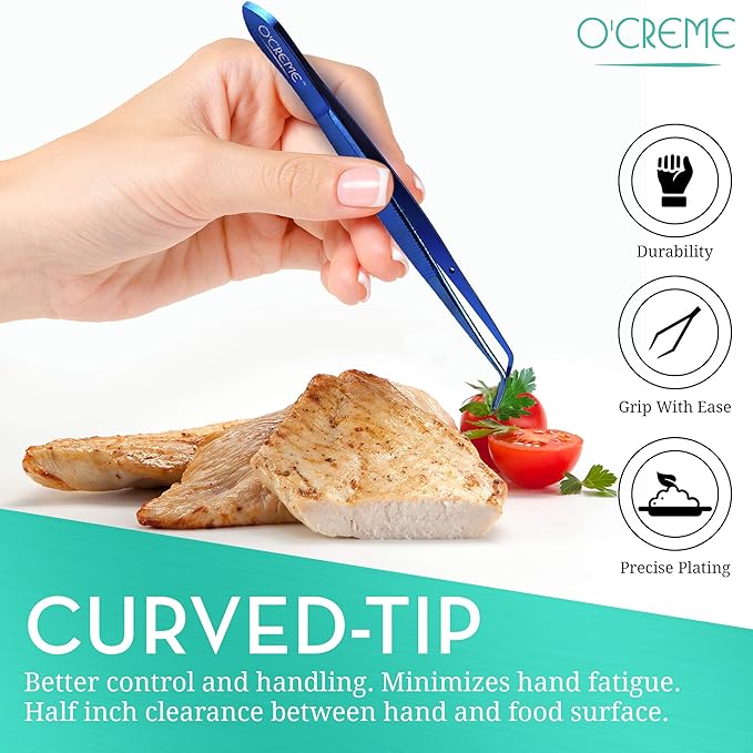 O'Creme Blue Stainless Steel Precision Kitchen Culinary Fine-Tip Tweezer Tongs, 1 Curved and 1 Straight
