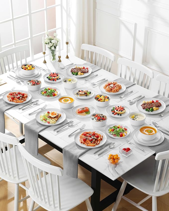 MALACASA 24 Pieces Gourmet Porcelain Dinnerware Sets, Premium Plates and Bowls Set, High-Fired Dishes Set for 8, Chip & Scratch Resistant, Microwave Dishwasher Safe, White & Black Rim, Series LEXI