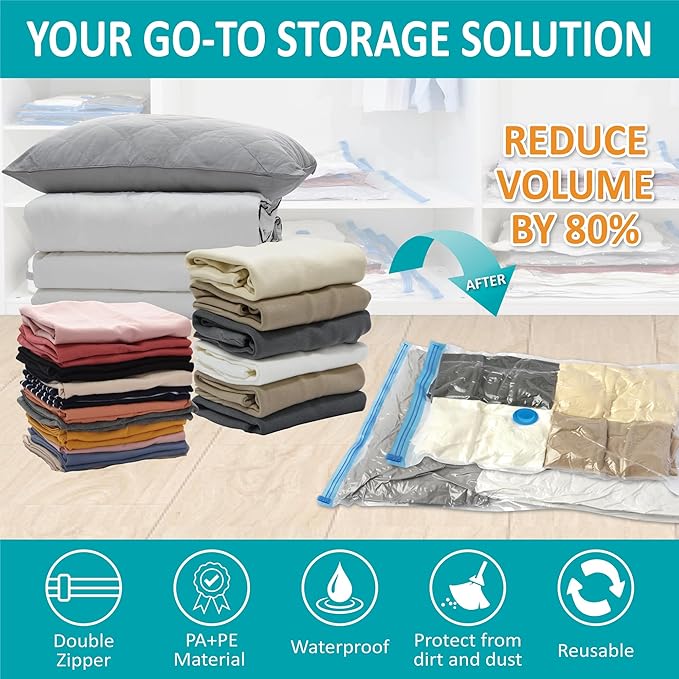 35 Pack Space Saver Bags (5 Jumbo/6 Large/6 Medium/6 Small/6 Roll-M/6 Roll-S) Compression Storage Bags for Comforters and Blankets, Vacuum Sealer Bags for Clothes Storage, Hand Pump Included