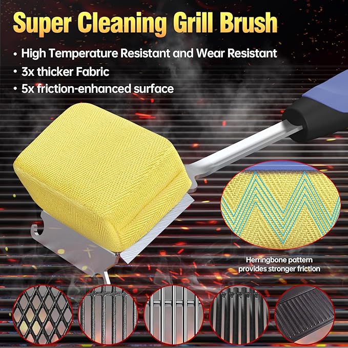 Grill Cleaning Brush Bristle Free for Outdoor Grill Brush Extended Handle for Cast Iron Stainless-Steel Grates, Replaceable BBQ Cleaner Brush Head, Steam Safe Grill Brush with Scraper, Purple