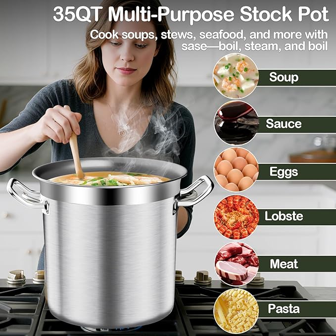 Large Stock Pot-35QT Stainless Steel Stockpot with Lid, Heavy Duty Tri-Ply Bottom Commercial Grade Stock Pot & Stockpots for Boiling Cooking Soup Stew Canning Cooking Pots, Big Stockpot, Deep Cookware