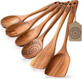 Boxiki Kitchen Luxury Teak Wood Utensil Set - Elegant 6-Piece Cooking Ensemble Including Spoons, Server, Scraper & Spatula - Expertly Crafted for Culinary Excellence