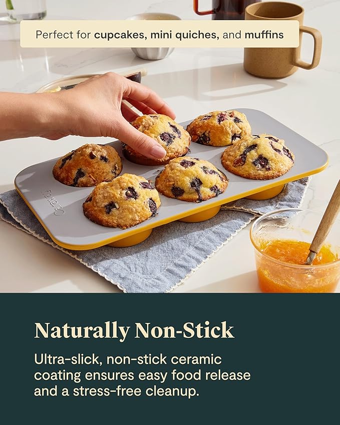 Caraway Nonstick Ceramic 6 Cup Muffin Pan – Non-Toxic, PTFE & PFOA Free – Oven Safe – Aluminized Steel Core – Small Muffin Pan for Baking Cupcakes, Muffins & More - Black