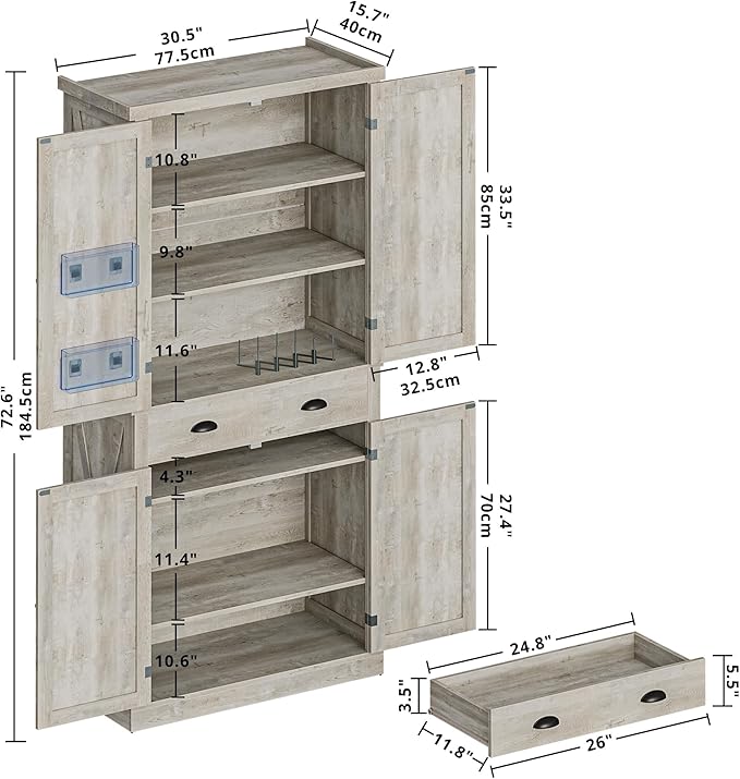 IRONCK Kitchen Pantry Storage Cabinet 72.6" H, with Barn Doors, Drawer, 4 Adjustable Shelves, Freestanding Cupboard for Dining Room Living Room, Laundry, Rustic Maple