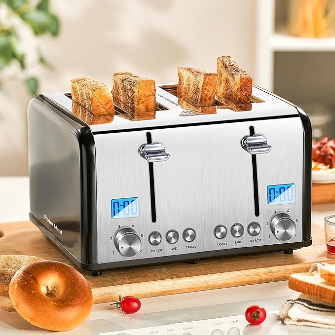 Roter Mond Countdown Stainless Steel 4 Slice Toaster with Bagel, Defrost, Cancel Function, Dual Toaster, Extra Wide Slots, 6 Shade Settings, Removable Crumb Trays, 1650W, Black