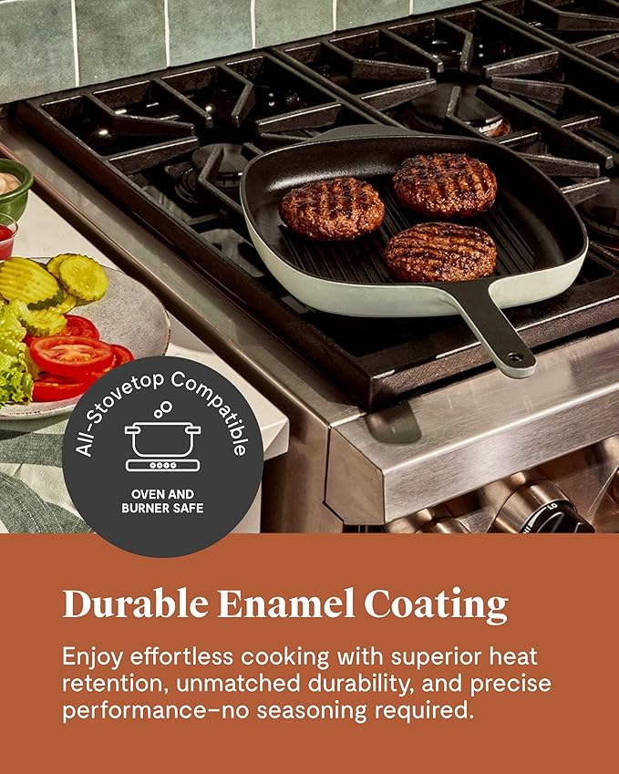 Caraway Enameled Cast Iron Grill Pan - 10.5” Grill Pan for Stovetop Cooking - 3 Layer Enamel Coating - No Seasoning Required - Compatible With All Stovetops - Free From Forever Chemicals - Cream
