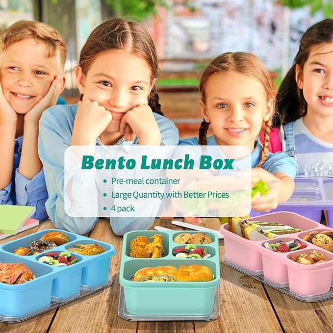 Bento Lunch Box - 4 Pack, Snack Box Containers Meal Prep Container Microwave Safe, Lunch Box of 4-Compartment, Bento Box Adult Lunch Box, Dishwasher Safety (PP(B/P/G/P))