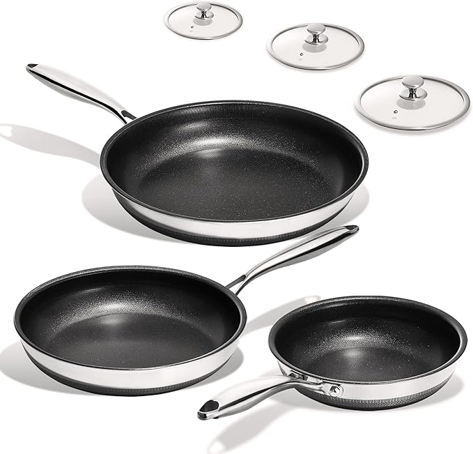KITEXPERT Non Stick Frying Pans Set, Titanium Ceramic Pan with Lids, Nonstick Skillet Stainless Steel, PFAS PFOA & PTFE Free, Dishwasher & Oven Safe, All Cooktops Compatible, 3 Piece (8, 10, 12")