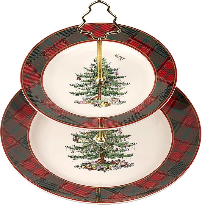 Spode Christmas Tree Tartan 2-Tiered Server, Holiday Cupcake Stand, Dessert Display Set, Earthenware Serving Platter, 10" & 8" Plates, Dishwasher Safe Serveware for Appetizers, Desserts, Cookies