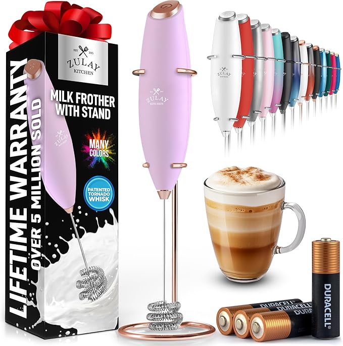 Zulay Kitchen Tornado Whisk Milk Frother with 4 AA Duracell Batteries - Triple Whisk for More Power - Handheld Coffee Frother with Stand - Drink Mixer for Lattes, Matcha & Protein Shakes