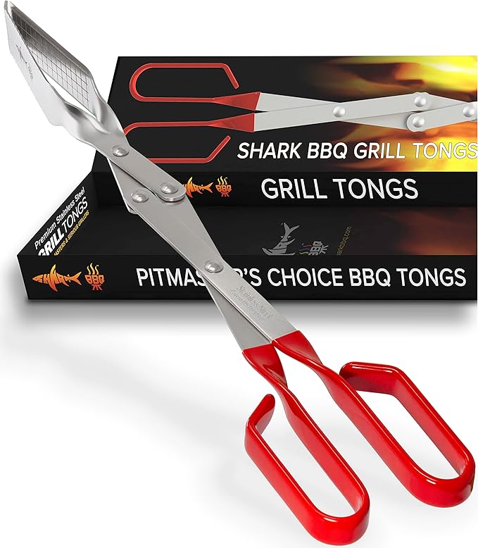 Shark BBQ Grill Tongs - 17 inch Red. Professional kitchen and outdoor grilling utensil. Long reach Barbeque Grilling Tongs. Ideal for steak, fish, burger, and sausage