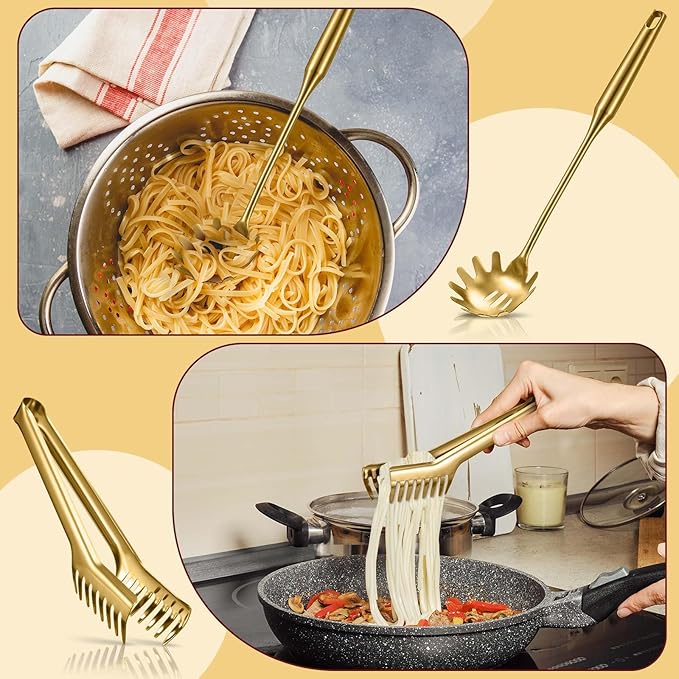 Patelai 2 Pcs Stainless Steel Pasta Spoon with Teeth Large Spaghetti Utensil, 9.4'' Tong and 13.6'' Pasta Fork with Vacuum Handle, Comfortable Grip Design Spoons for Kitchen