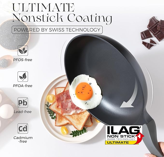 PRICUSIS Nonstick Ceramic Frying Pan with Lid, 8/10 Inch Skillet with Stay Cool Handle, Fully Coated, Induction Compatible & Oven Safe, 100% Dishwasher Safe, PTFE & PFOA Free（10 Inch, Black Sesame）