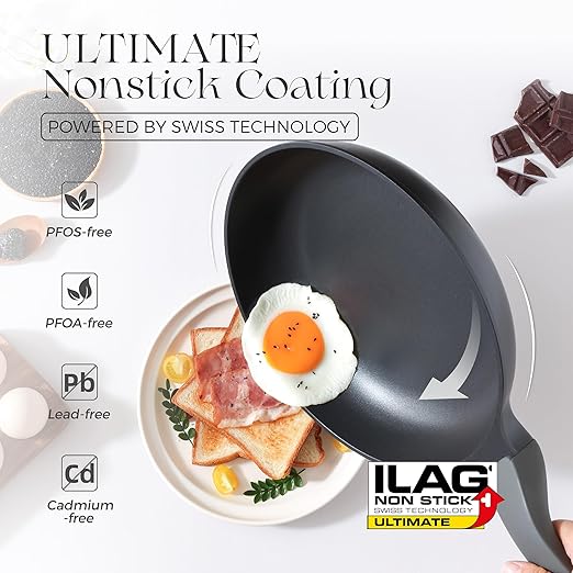 PRICUSIS Nonstick Frying Pan, 8/10/12 Inch Skillet with Stay Cool Handle, Fully Coated, Induction Compatible & Oven Safe, 100% Dishwasher Safe, PTFE & PFOA Free（10 Inch, Black Sesame）