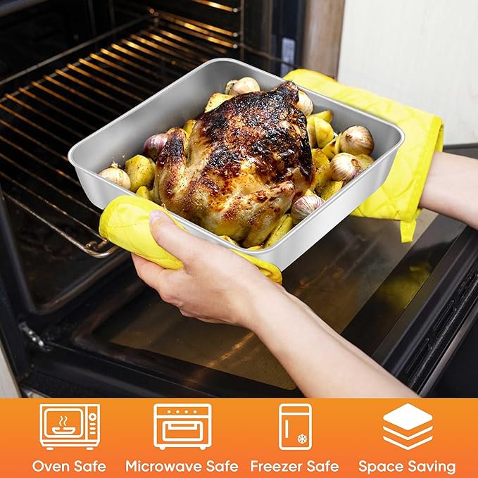 Herogo 9 x 9 x 2 Inch Baking Pan Set of 2 for Oven, Stainless Steel Square Cake Pan for Lasagna Brownies Casseroles Cakes, Dishwasher Safe & Durable